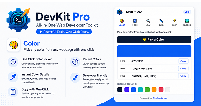 DevKit Pro color picker feature panel showing HEX, RGB, and HSL values