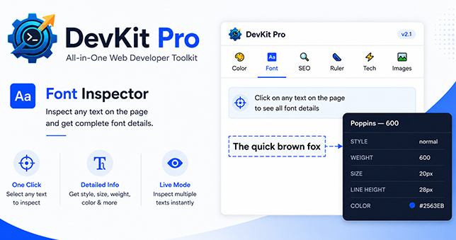 DevKit Pro font inspector feature panel showing font style, weight, size, and line height
