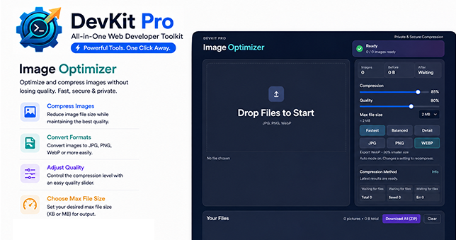 DevKit Pro image compressor feature panel showing compression and quality sliders