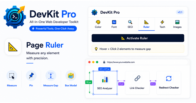 DevKit Pro page ruler feature panel showing pixel measurements around a page element