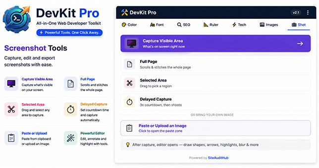 DevKit Pro screenshot editor feature panel with annotation toolbar and arrow markup