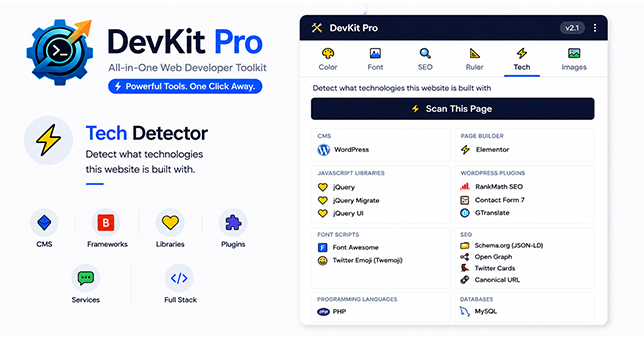 DevKit Pro technology detector feature panel showing CMS, frameworks, and plugin categories