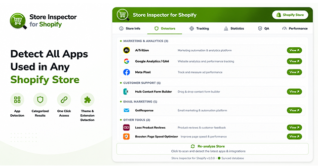 Store Inspector for Shopify Detectors tab showing categorized list of detected storefront apps and technologies with direct links