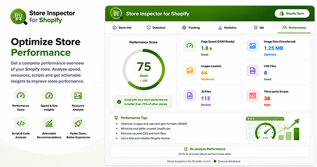 Store Inspector for Shopify Performance tab showing overall performance score, page speed, image size, and script counts
