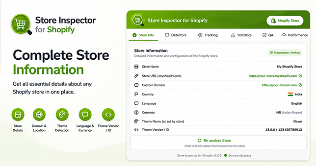 Store Inspector for Shopify Store Info tab showing store name, domain, country, language, currency, and detected theme details