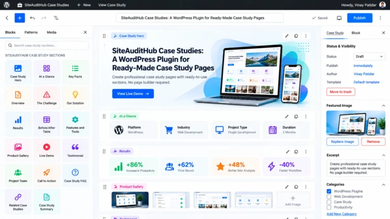 Case study editor with the sections list