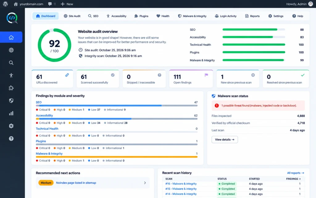 SiteAuditHub WordPress site audit plugin dashboard with SEO, accessibility, health, plugin and malware scores