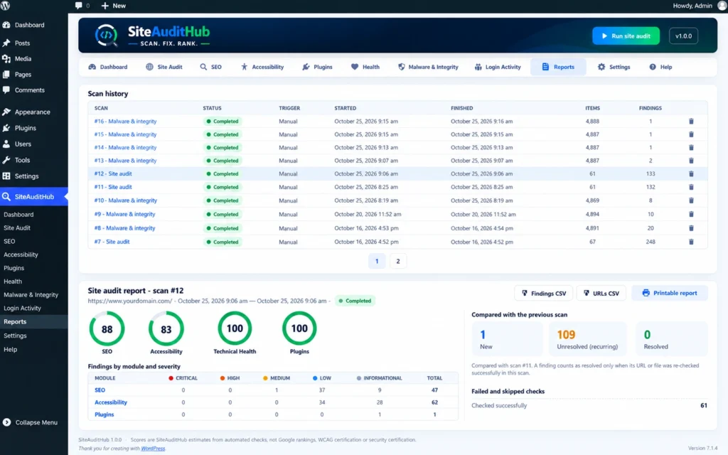 scan history and site audit report with module scores in a WordPress site audit plugin