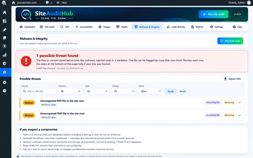 WordPress malware scanner showing a possible threat and steps to follow if the site was hacked