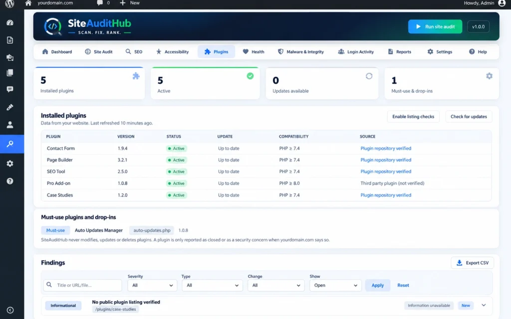 plugin monitor in a WordPress site audit plugin listing installed plugins, updates and PHP compatibility