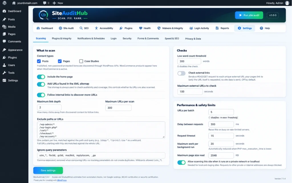 scan settings in the SiteAuditHub WordPress site audit plugin with link depth, URL limit and request delay